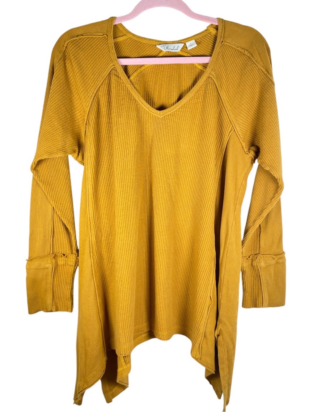 CAFFE MARRAKESH Waffle Knit Tunic Top Mustard Yellow Split‎ Sides V-Neck L